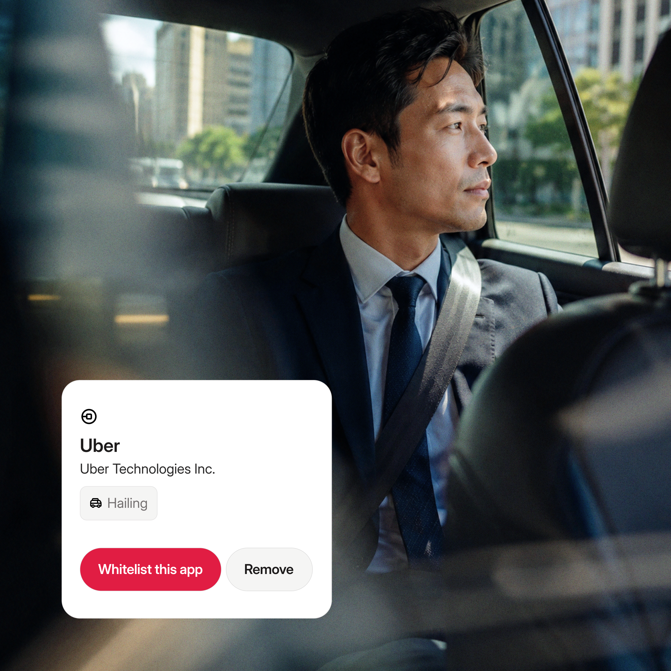 An app access card with whitelist and remove controls over a rideshare scene.