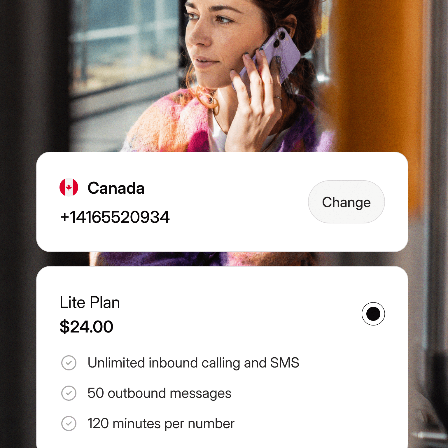 A person on a call beside a Canadian virtual phone number and a Lite Plan card.