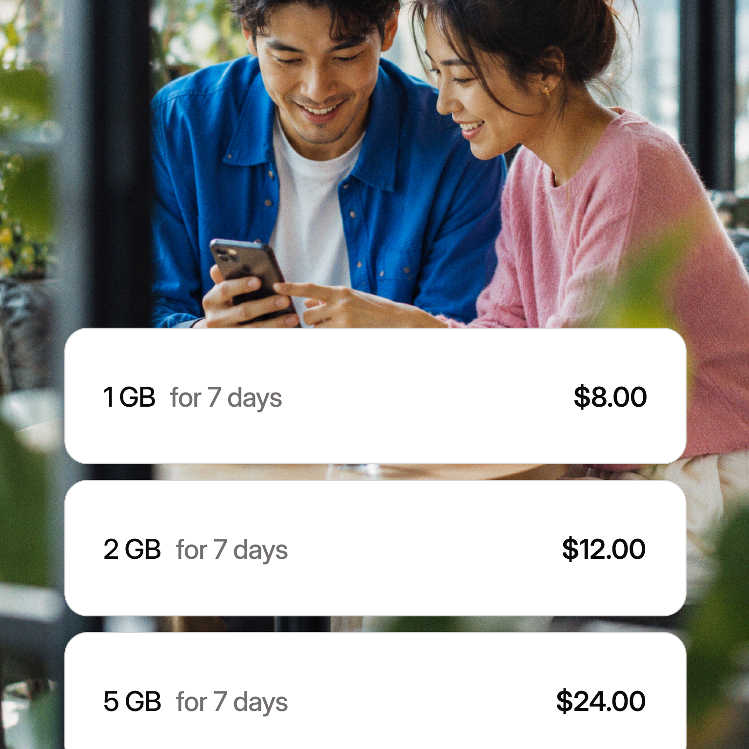 Two travellers checking a phone beside a list of data-only travel plans, from 1 GB to 10 GB.