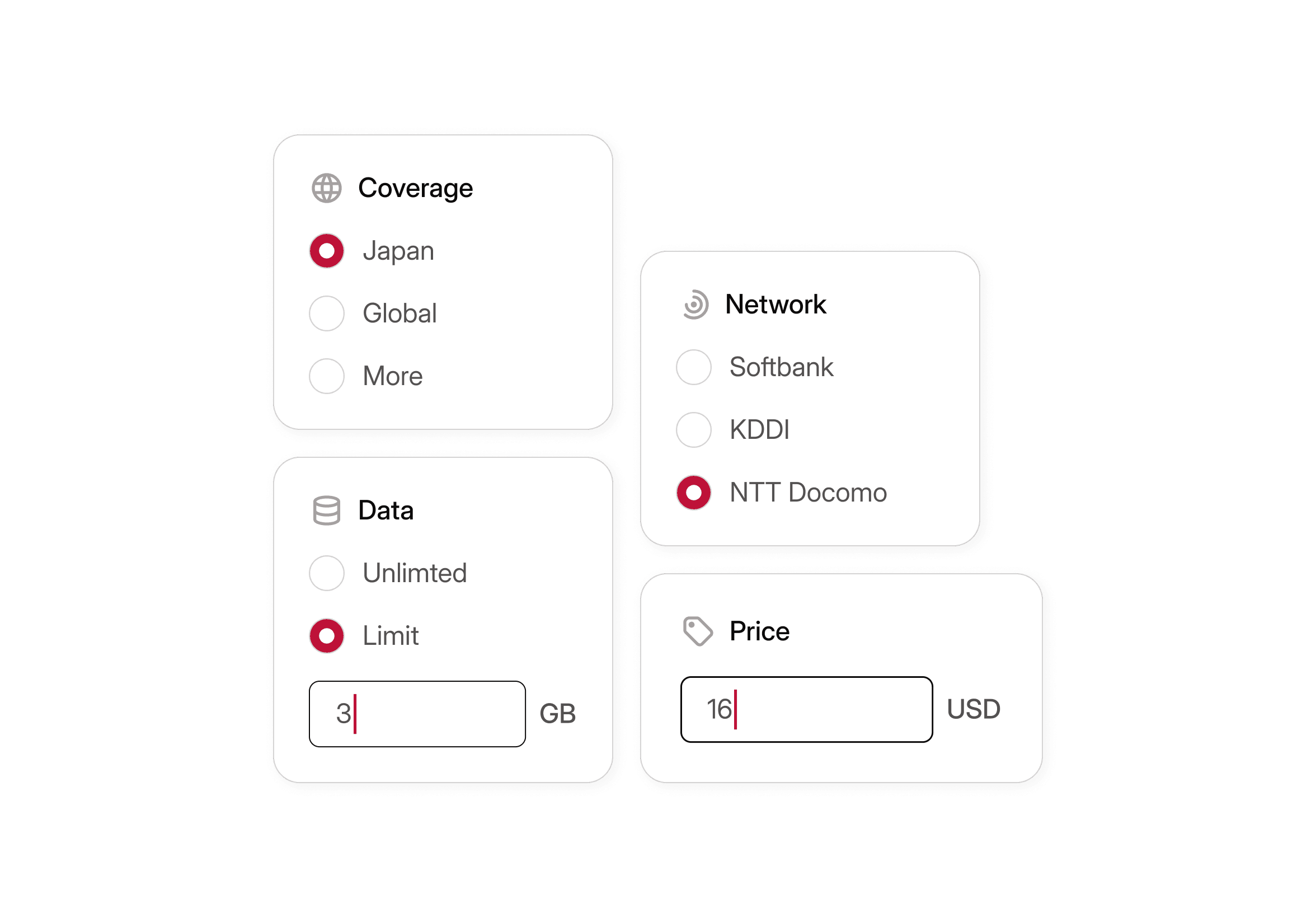 Plan configuration cards for destinations, data, and pricing.